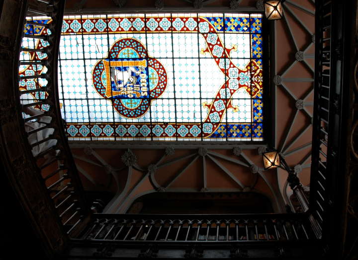 Stained glass ceiling window, Livraria Chardron, 144 Rua das Carmelitas, Porto, Portugal