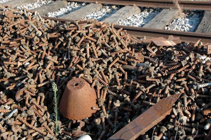 Spare ties, rail, and sheds,  Pocinho, along the Douro River, Portugal