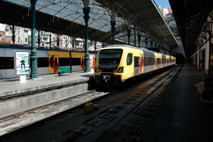 Train to Aveiro starting to pull out of Central Station, Porto, Portugal